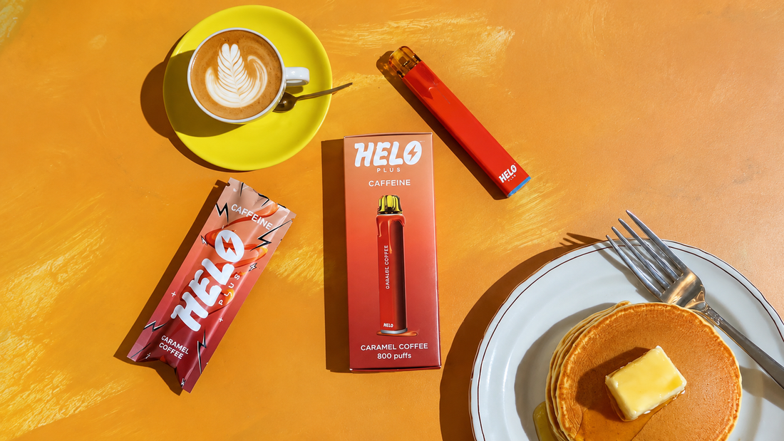 Caffeine vape vs coffee comparison showing a HELO diffuser beside a cup of coffee