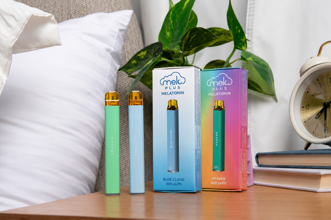 Fum wooden inhaler and MELO Air melatonin diffuser side by side for comparison.