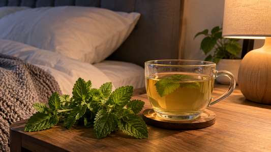 Fresh lemon balm leaves beside a nighttime tea for an article on whether lemon balm makes you sleepy