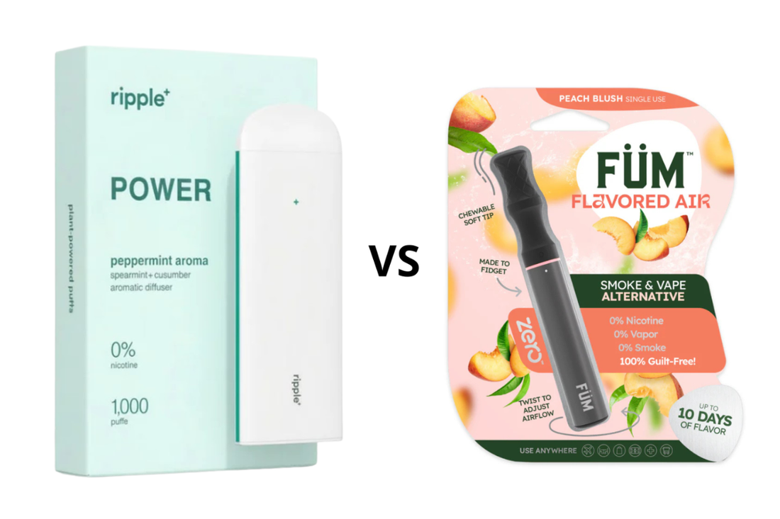 Füm wooden inhaler and Ripple+ diffuser shown side by side to compare two nicotine-free vape alternatives.