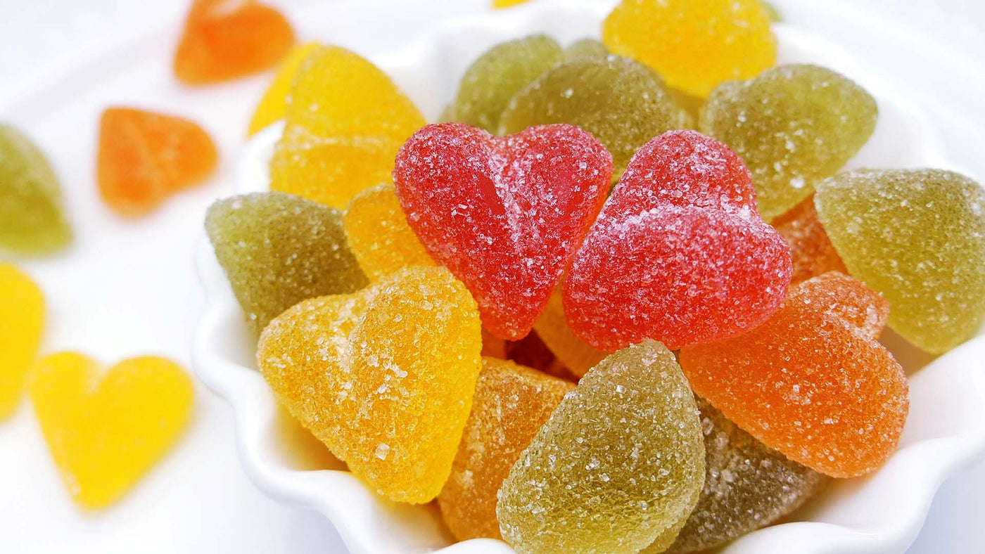 heart-shaped gummies in assorted colors