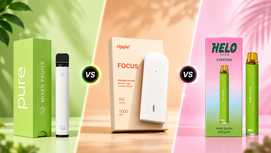 Pure Diffuser, Ripple+, and HELOMELO nicotine-free vapes lined up for a side-by-side comparison.
