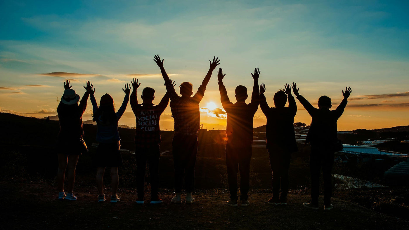 Group of friends standing with arms raised watching the sunset