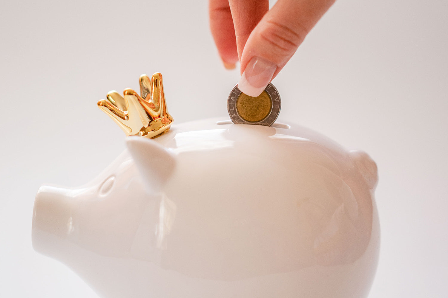 person placing a coin in the piggy bank