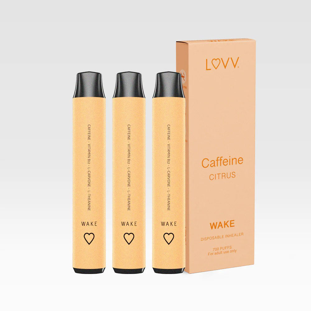 three LUVV Inhealers Caffeine Inhaler vape with a box