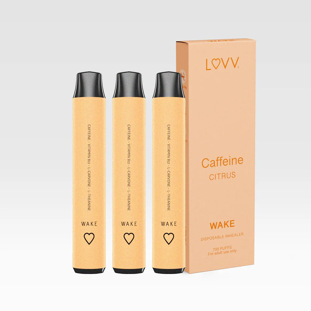 three LUVV Inhealers Caffeine Inhaler vape with a box