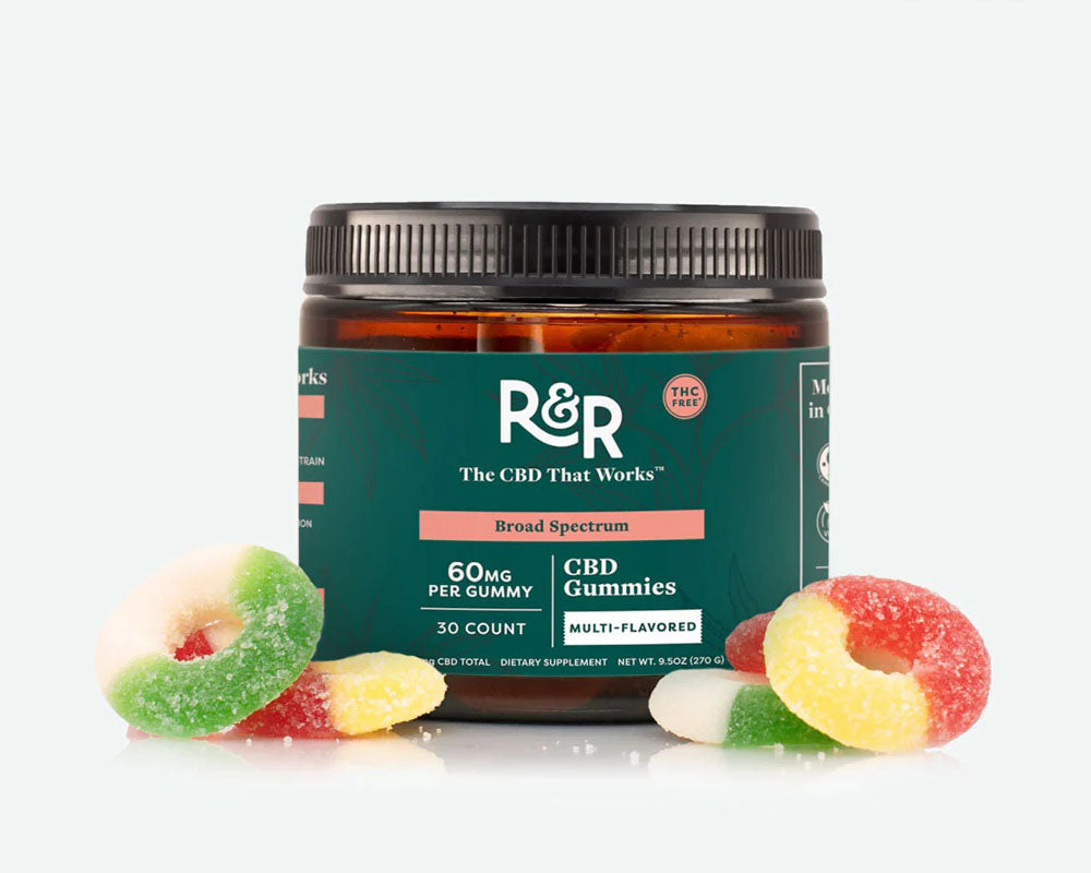 bottle of R and R Extra Strength CBD Gummies and gummy rings