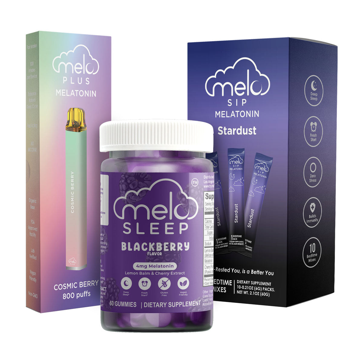 MELO Labs melatonin product bundle with vape, gummies, and bedtime drink mix