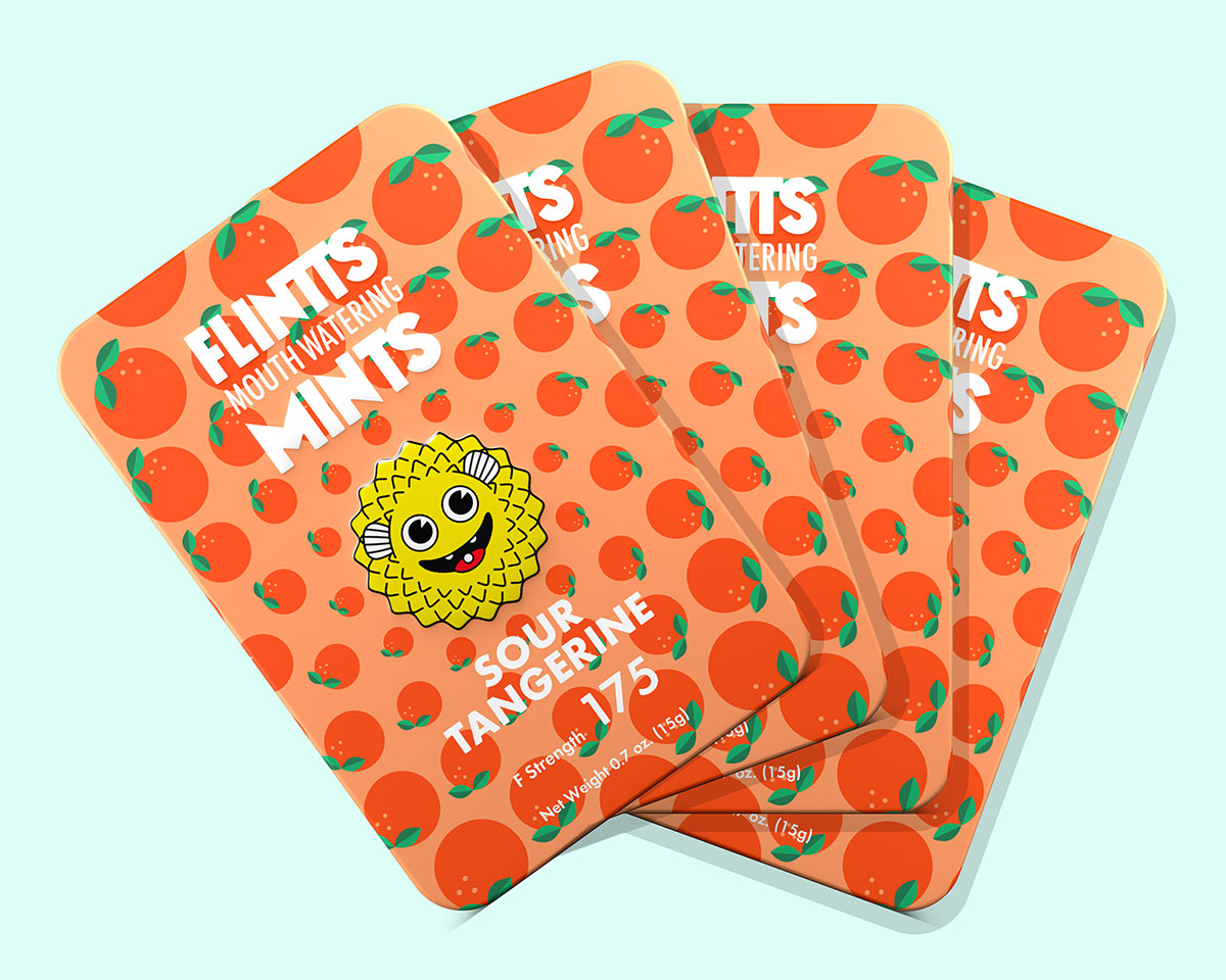 Several packs of Flintts Mints in Sour Tangerine flavor