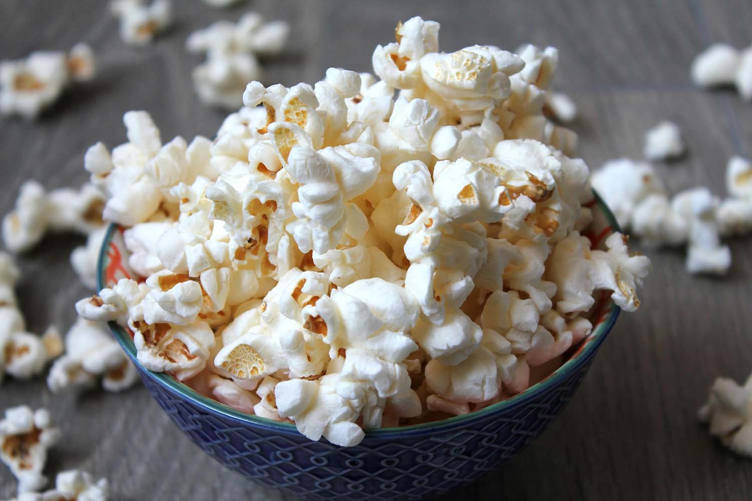 Popcorn in a blue bowl