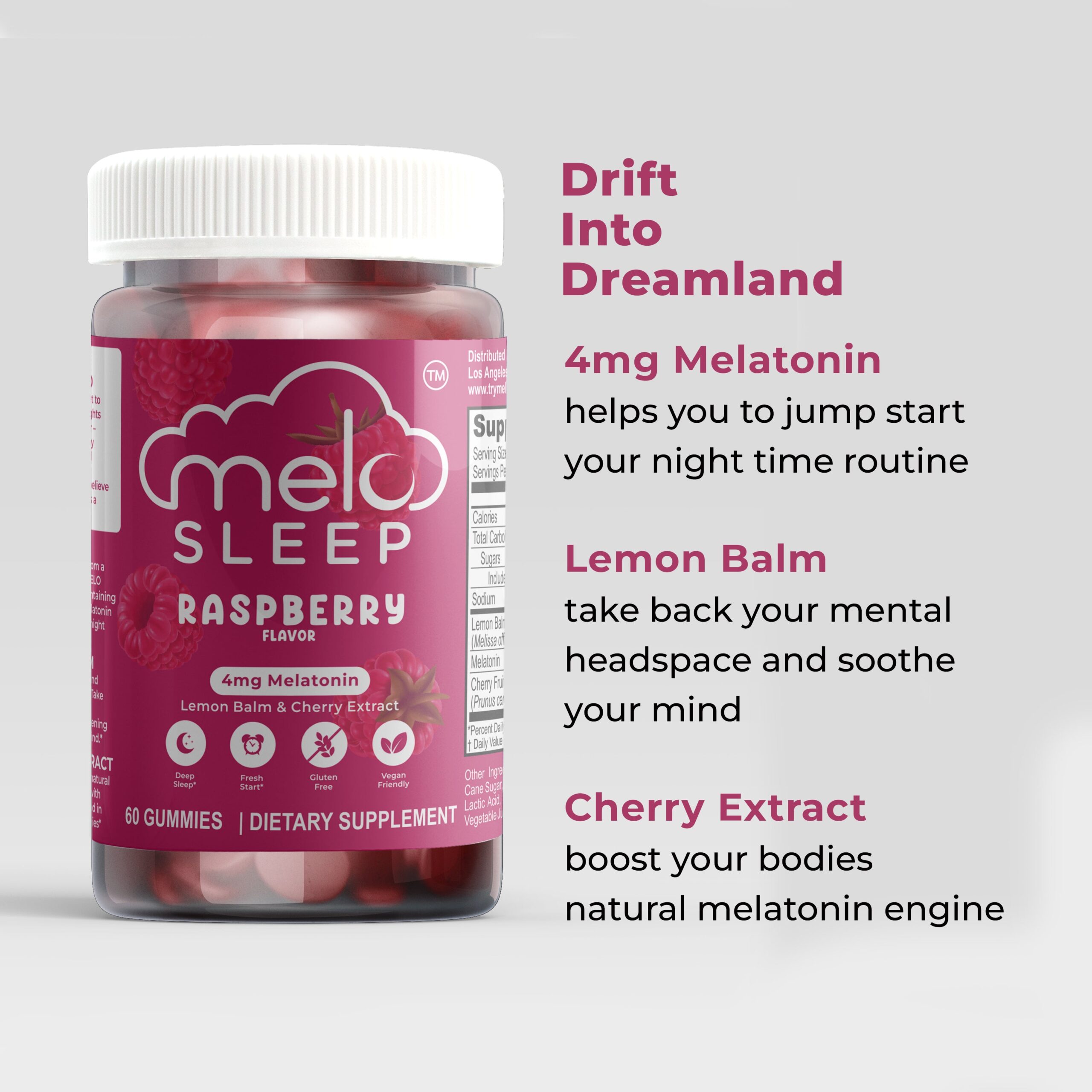MELO Sleep Gummies - Raspberry (60CT Bottle) - Image 4
