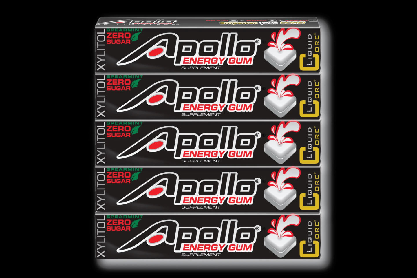 5-pack of Apollo Energy Gum in black background.