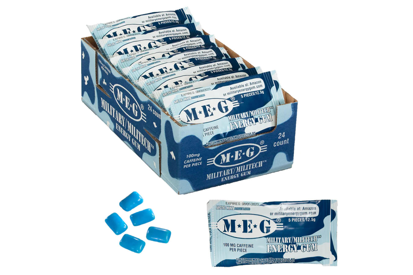 A several packs of Military Energy Gum alongside five gum contents scattered on a white background.
