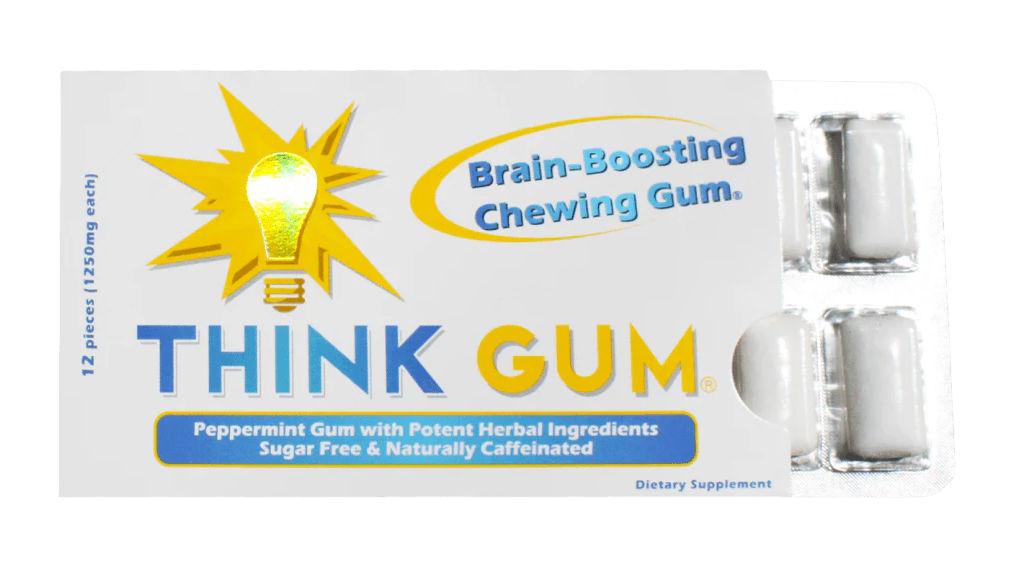 A single pack of Think Gum with its content slightly showing at the box opening.