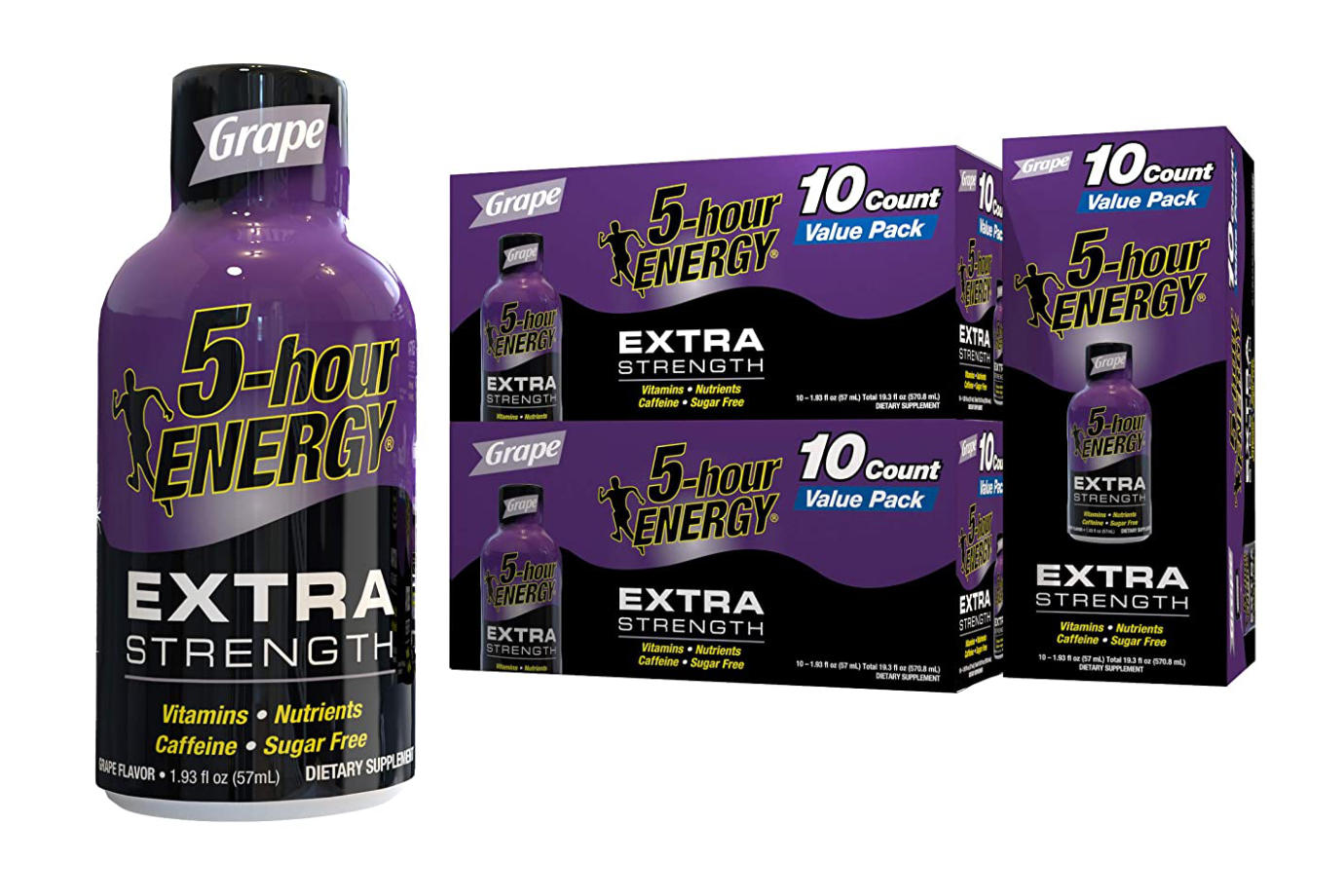 A bottle of 5-Hour Energy Shots Extra Strength in grape flavor with three 10-pack boxes behind it.