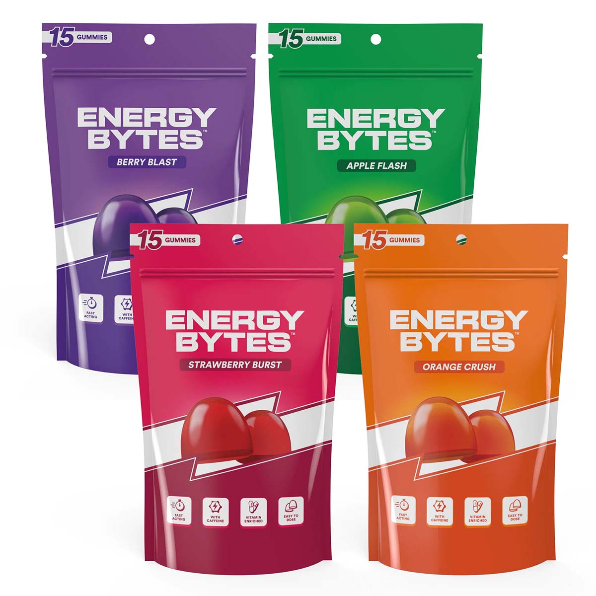 four packages of Energy Bytes gummies