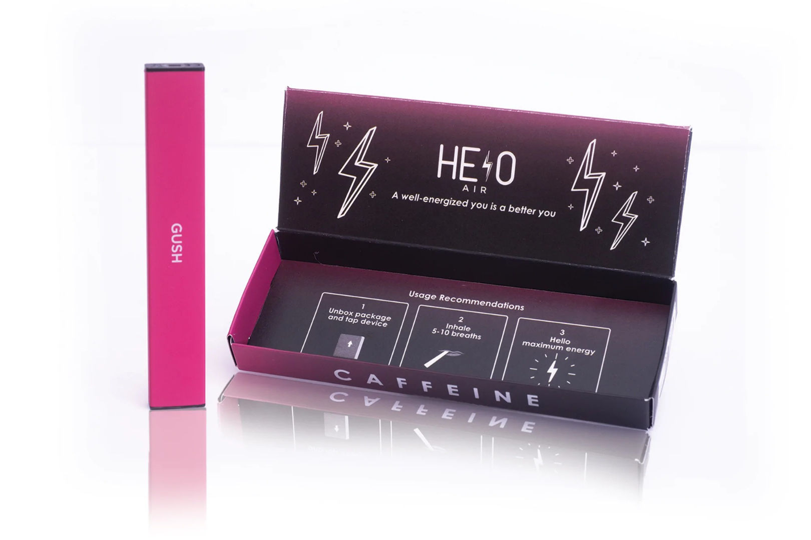 A HELO Air Caffeine Diffuser package in Gush flavor showing printed usage recommendations.