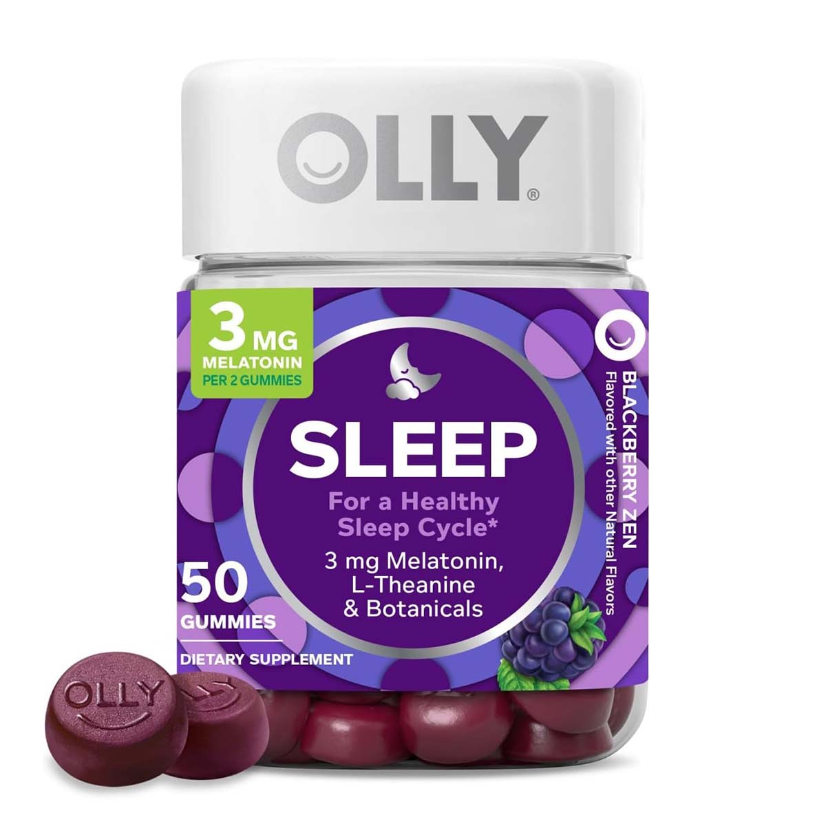 a bottle of Olly Sleep in Blackberry Zen flavor beside two dark red gummies