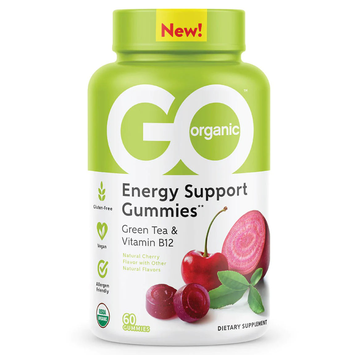 A bottle of Go Organic Energy Support Gummies containing 60 gummies in white background.