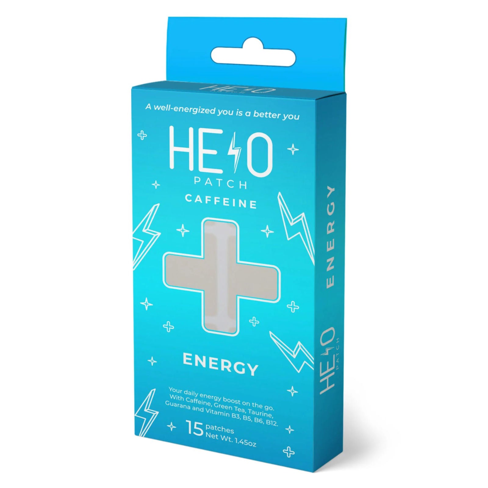 An individual box of HELO Patch Caffeine Energy Edition with 15 patches per box on a white background.