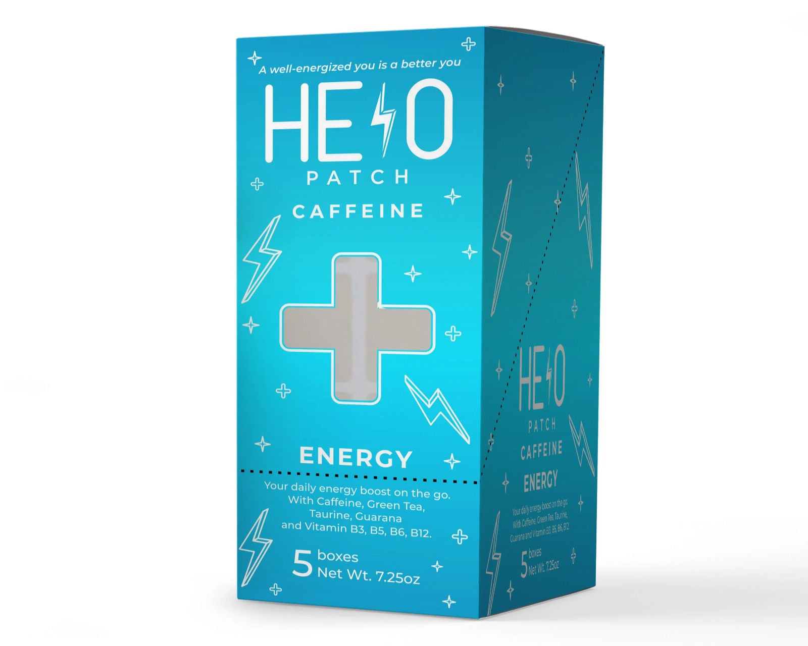 A display box of HELO Patch Caffeine in Energy Edition containing 5 individual boxes on a white background.