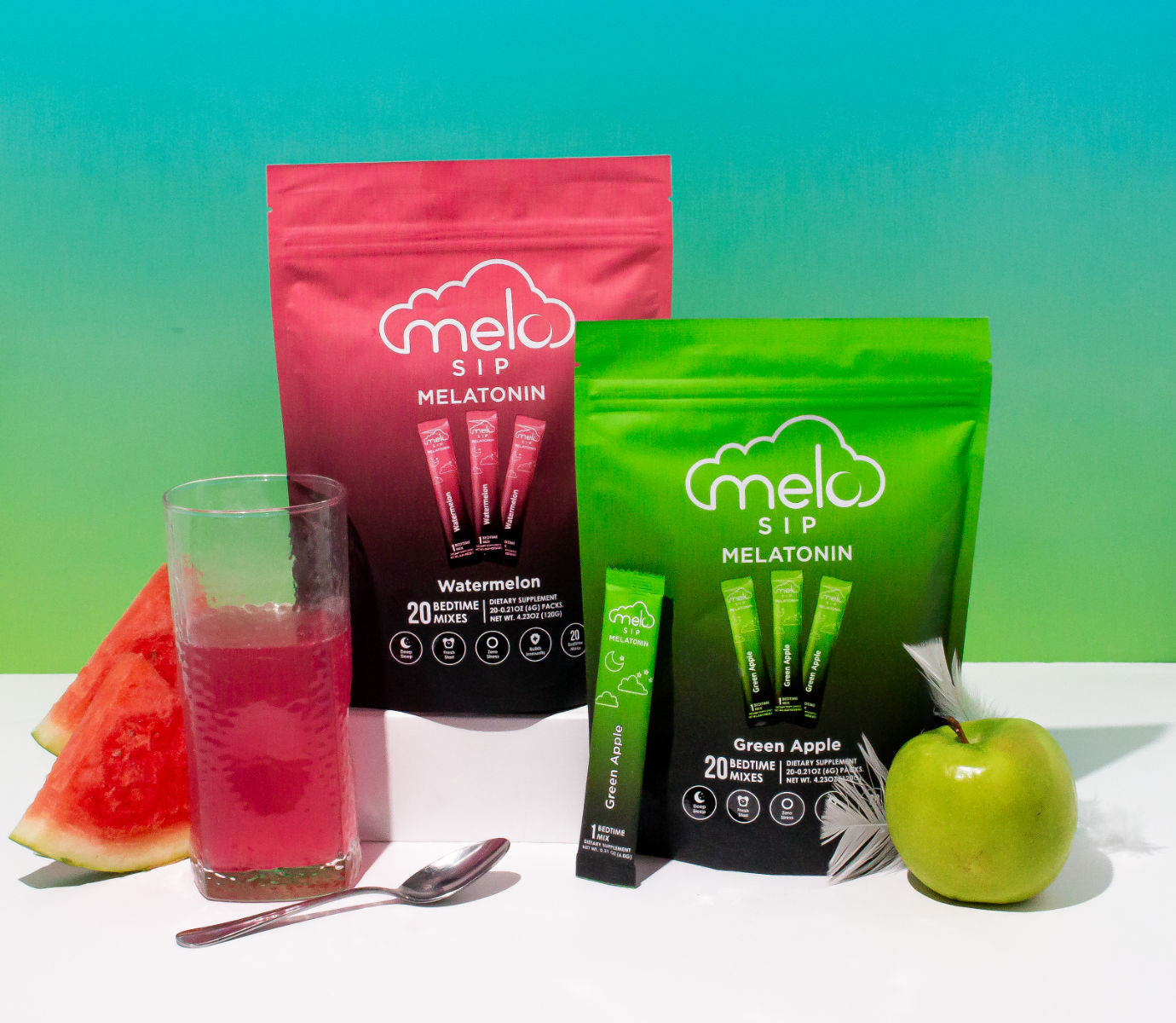 Two packs of Melo Sip Melatonin Powder in watermelon and green apple flavors
