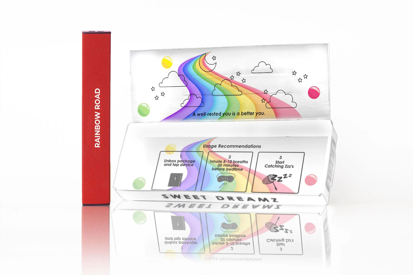A box of MELO Air Melatonin Diffuser in Rainbow Road flavor showing the instructions printed inside.
