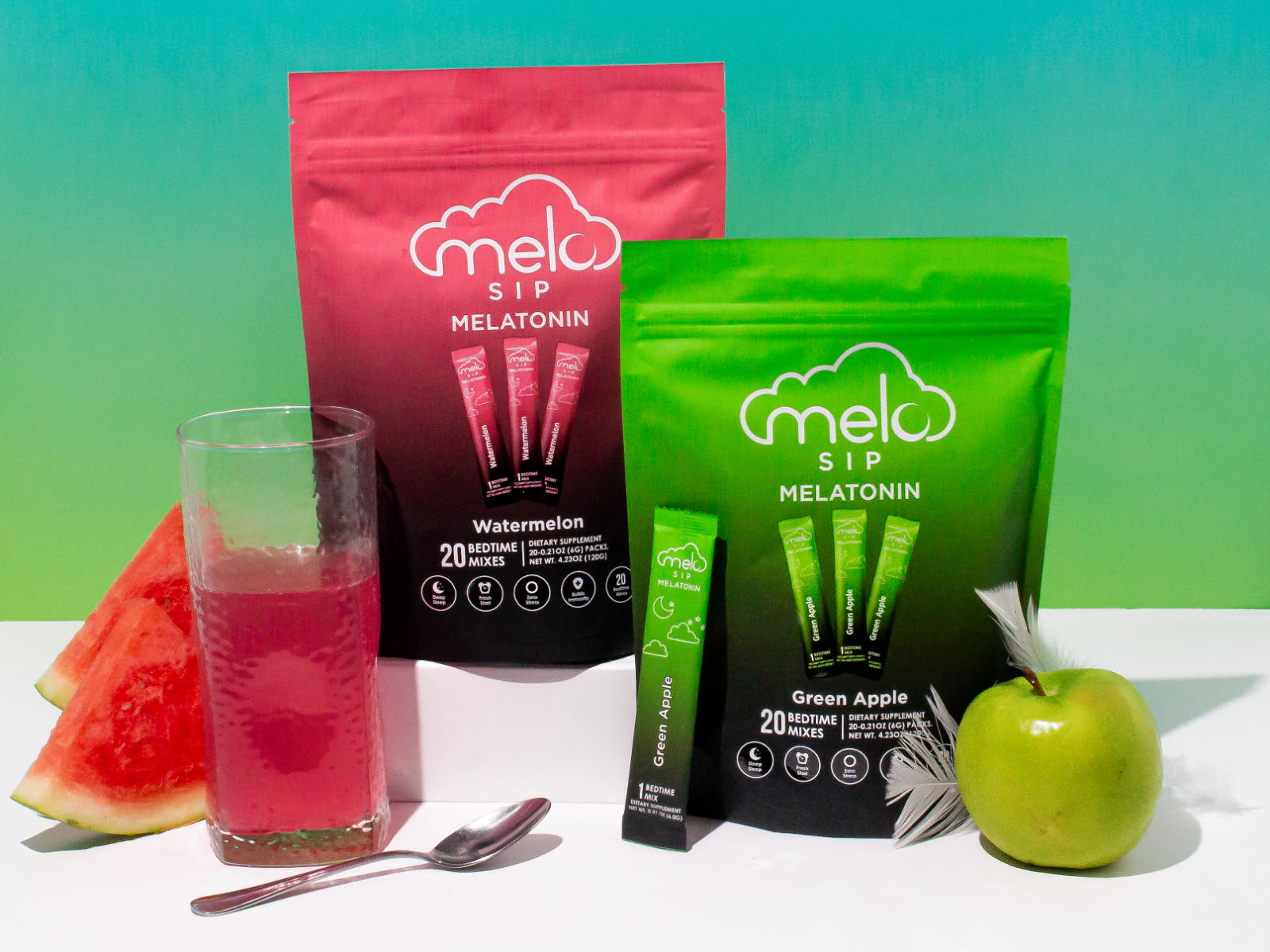 Two bags of MELO Sip Melatonin Bedtime Mixes in watermelon and green apple flavors