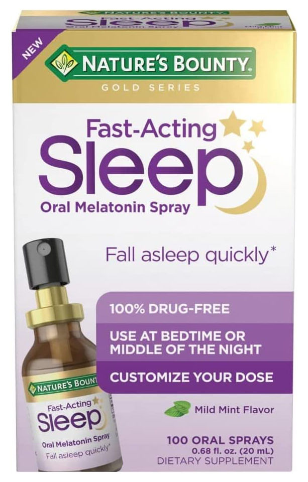 Box packaging of Nature’s Bounty Fast-Acting Sleep Oral Melatonin Spray in mild mint flavor