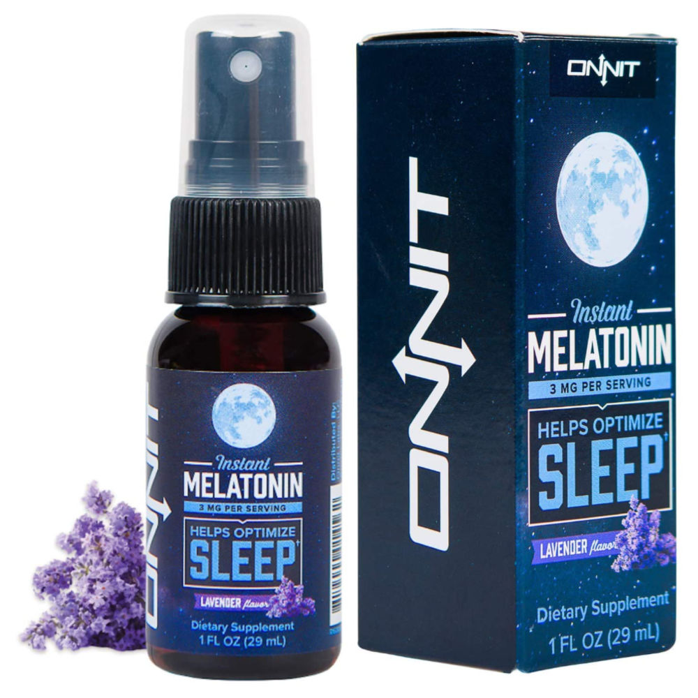 Spray bottle with box packaging of ONNIT Instant Melatonin Spray in lavender flavor