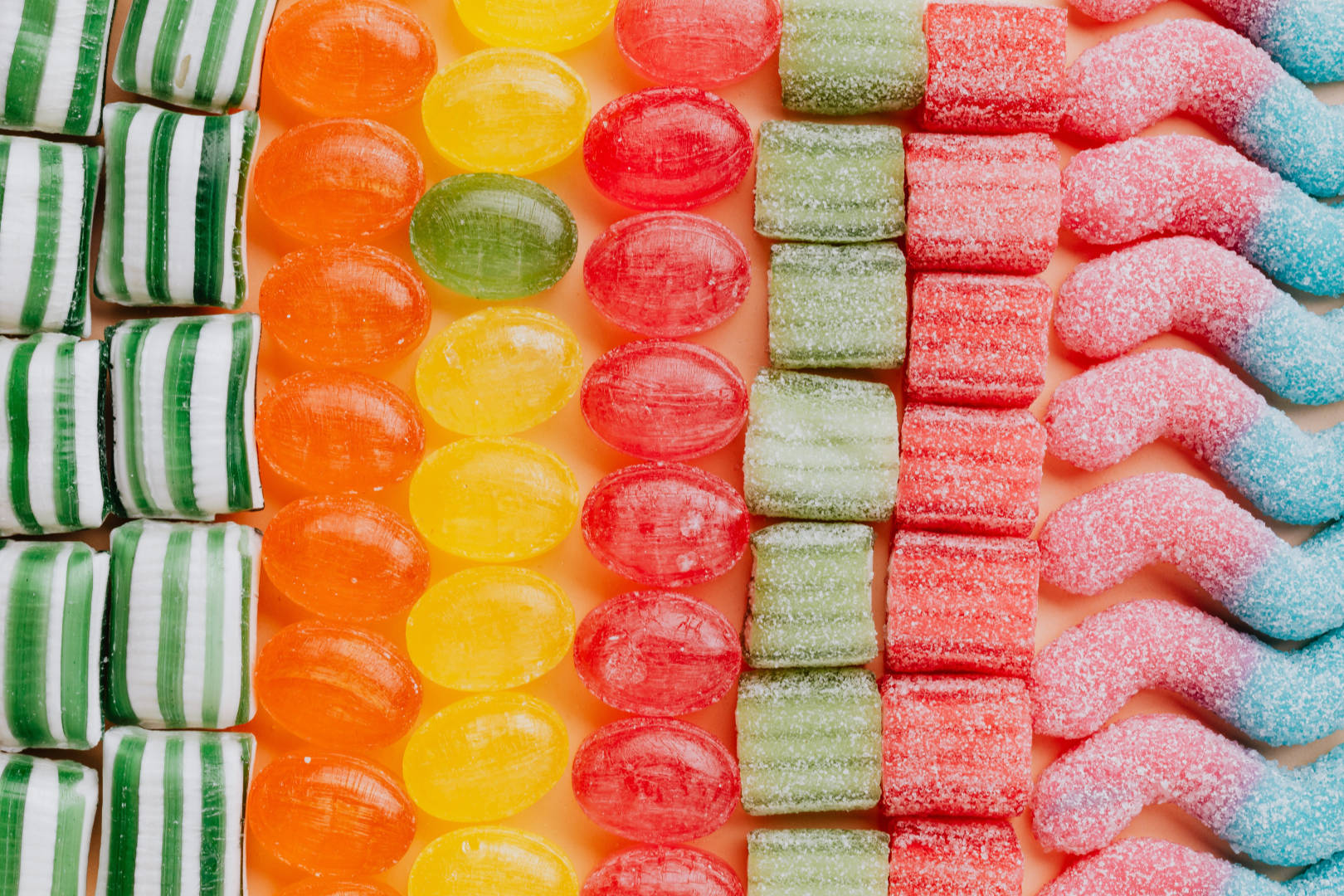 Candies and sweets in different colors, sizes, and shapes.