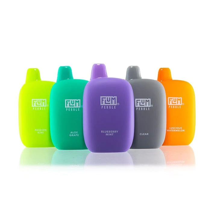 five assorted colors of Flum Pebble disposable vape